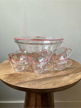 Duralex | Vintage 1950s MCM Red Rim Punch Bowl Set with 6 Clear Glass Cups